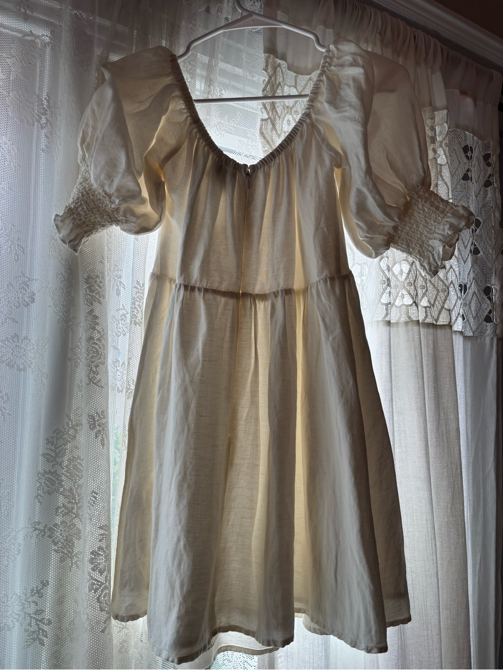 Linen Sabo Skirt Dress Puff Sleeve - Picture 3 of 11